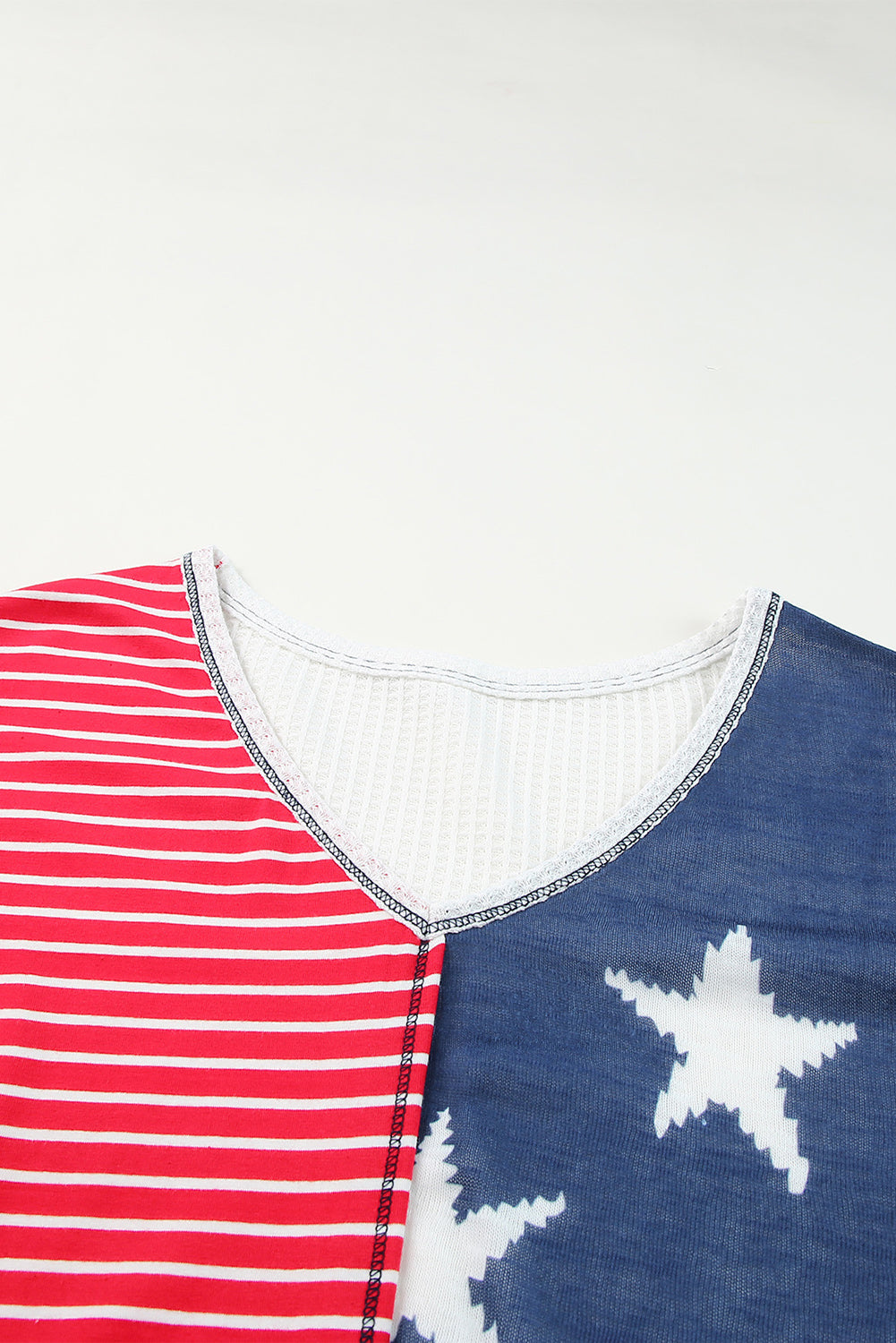 Dark Blue Stripes Stars Print Knit V Neck Short Sleeve Top