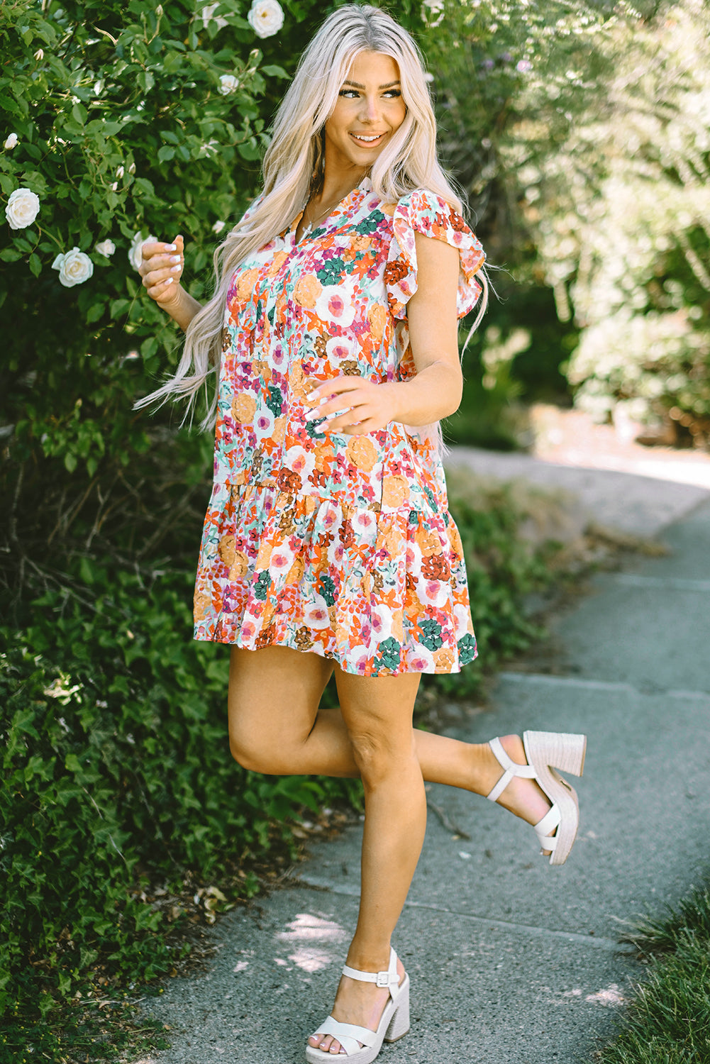 Purple Floral Print Split Neck Ruffle Mini Dress