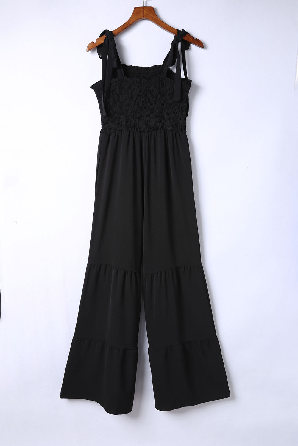 Green Tie Straps Shirred Casual Tiered Wide Leg Jumpsuit