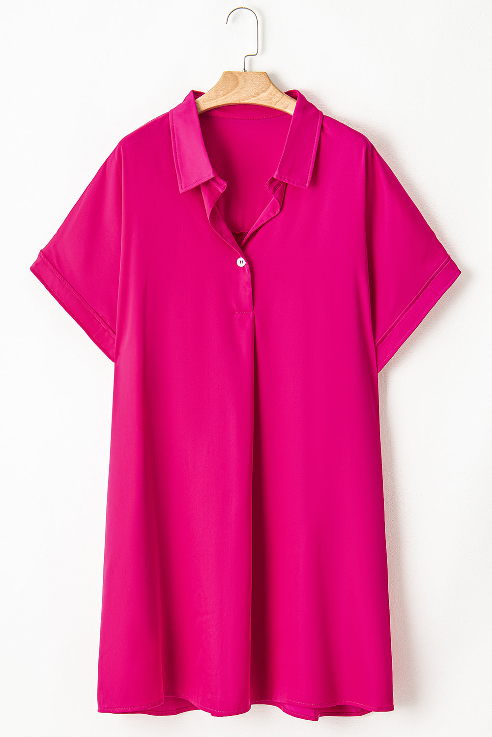 Bright Pink Collared V Neck Short Sleeve Plus Size Dress
