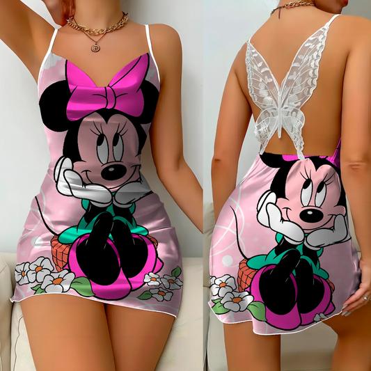 Mini Dress Pajama Skirt Bow Knot Party Dresses Satin Surface Minnie Mouse Disney Mickey Womens Fashion Summer 2024 Elegant Women