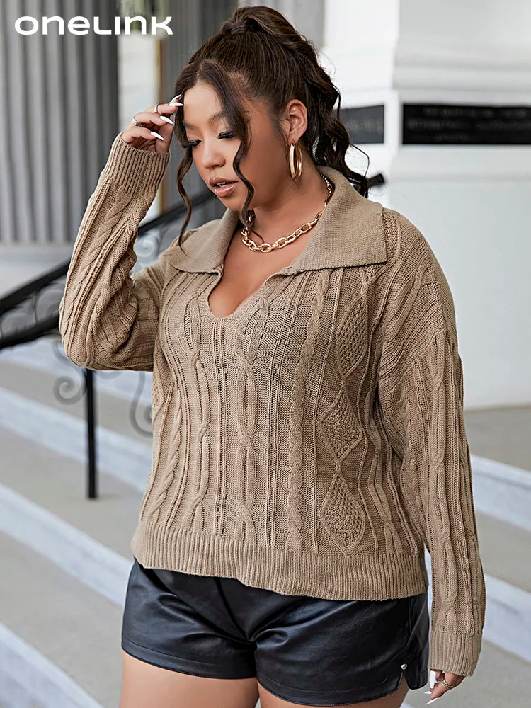 ONELINK Solid Khaki Cable Pattern Big Cowl Neck Plus Size Sweater Long Sleeve Inmitation WS Cashmere Soft Daily Outfit For Woman