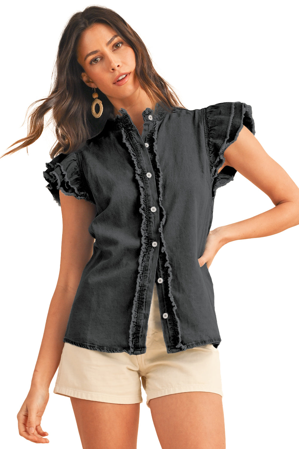 Totally Feeling Blue Ruffled Flutter Frayed Denim Top