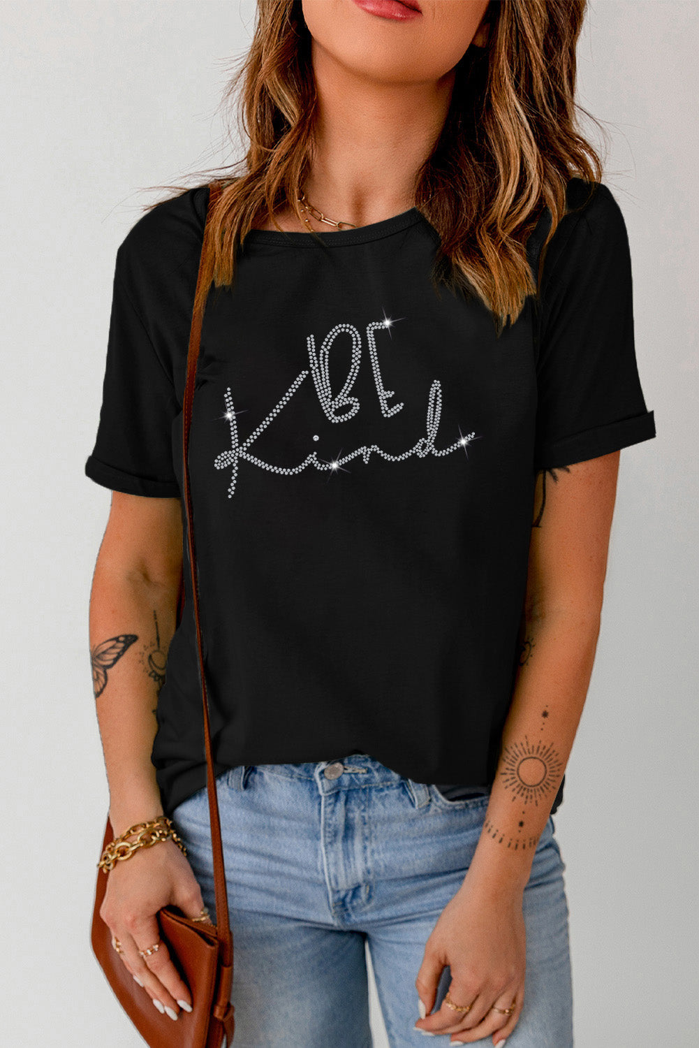 Black Rhinestone Be Kind Graphic T Shirt