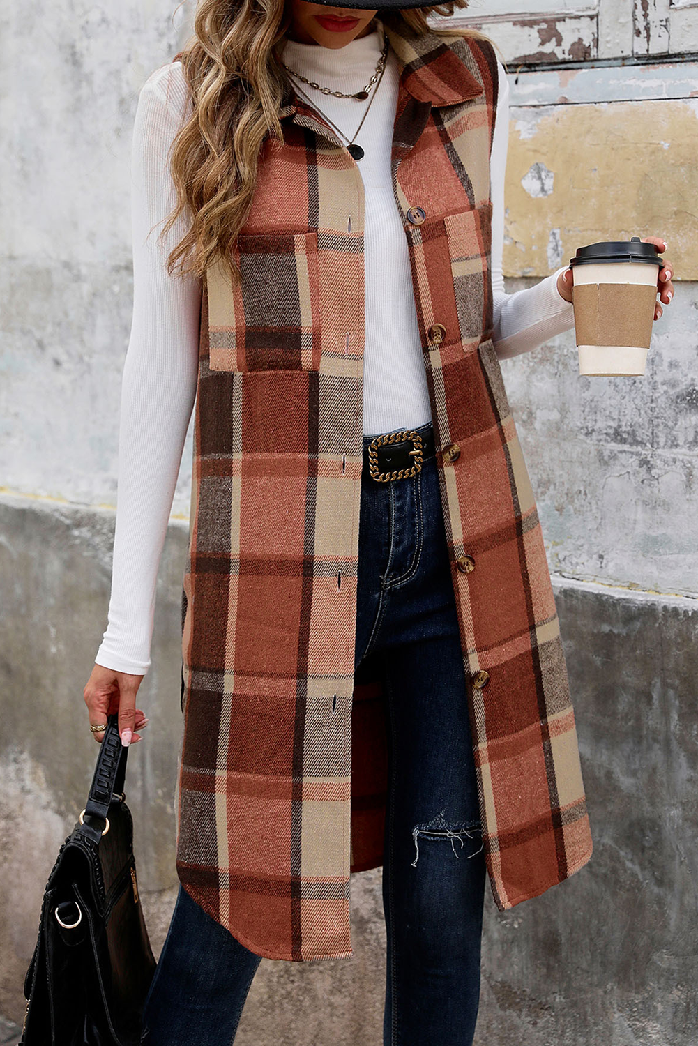 Cinnamon Mid Length Sleeveless Plaid Vest Jacket