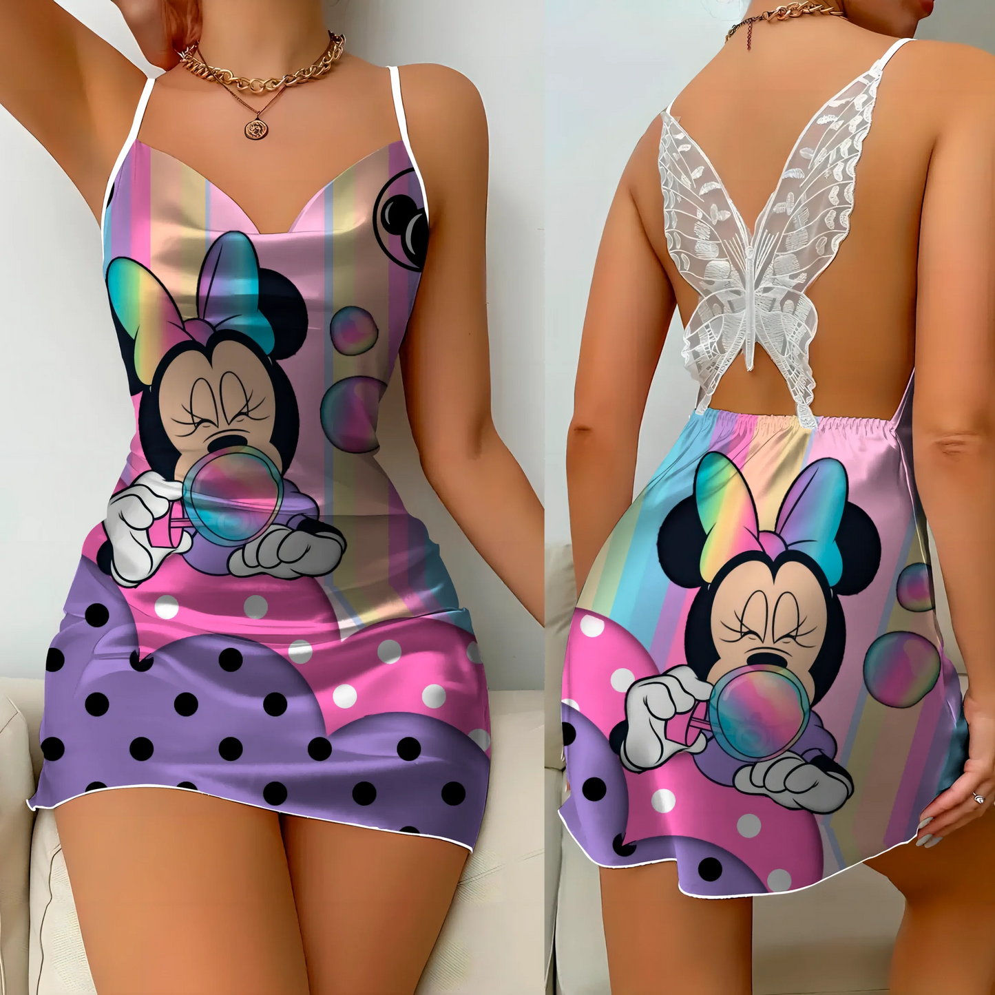 Mini Dress Pajama Skirt Bow Knot Party Dresses Satin Surface Minnie Mouse Disney Mickey Womens Fashion Summer 2024 Elegant Women