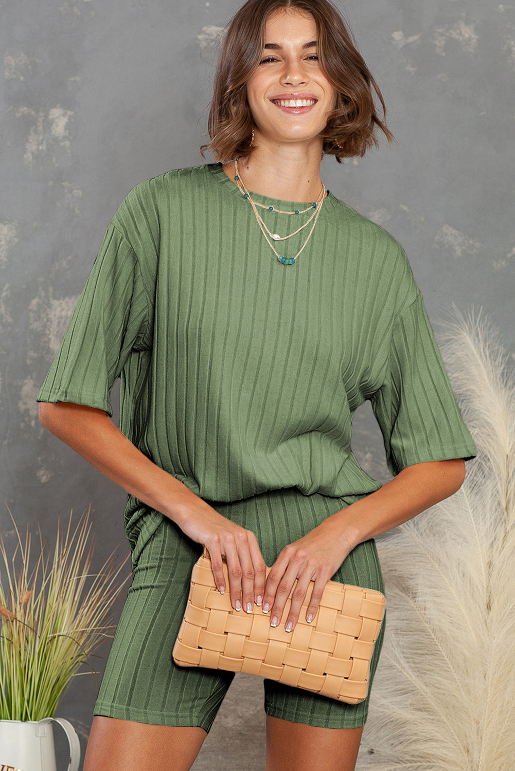Green Ribbed Knit Drop Shoulder T Shirt & Shorts Two Piece Shorts Sets