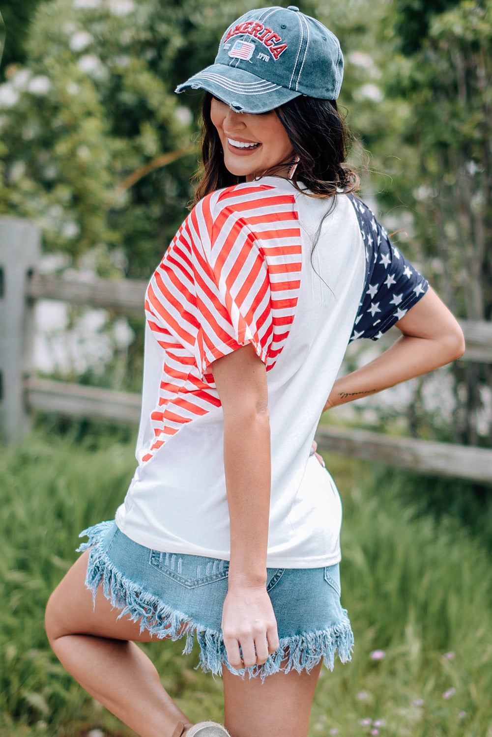 American Flag Print Short Sleeve V Neck T Shirt