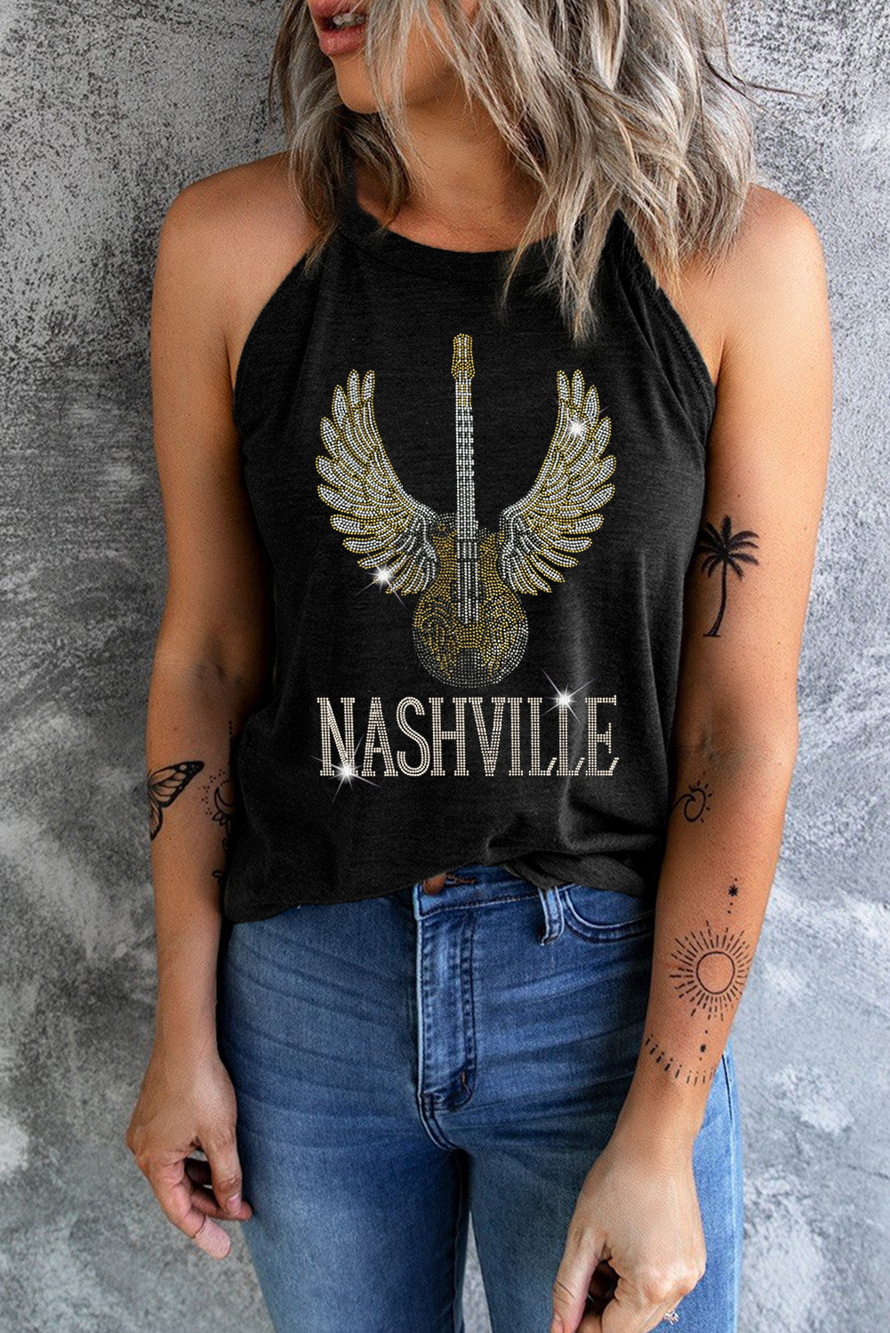 Black Rhinestone Guitar NASHVILLE Graphic Tank Top