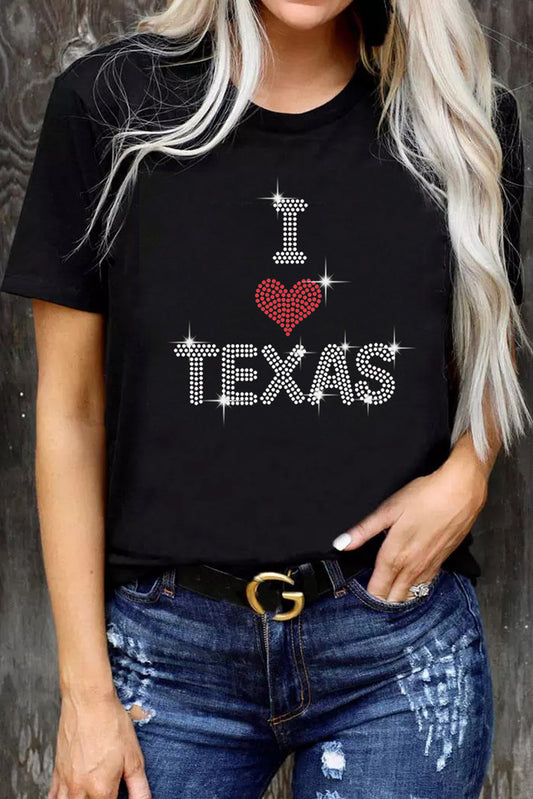 Black Rhinestone I Love TEXAS Graphic T Shirt