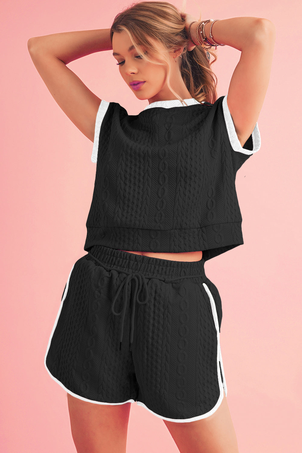 Black Textured Contrast Trim Tee & Drawstring Shorts Set