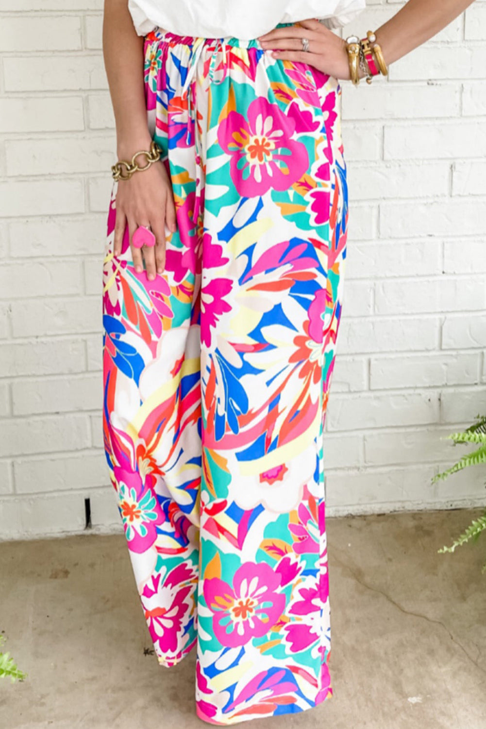 Rose Red Boho Floral Print Loose Wide Leg Pants