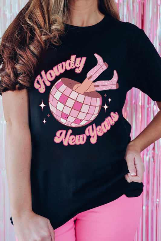 Black Howdy New Years Letter Graphic Round Neck Tee