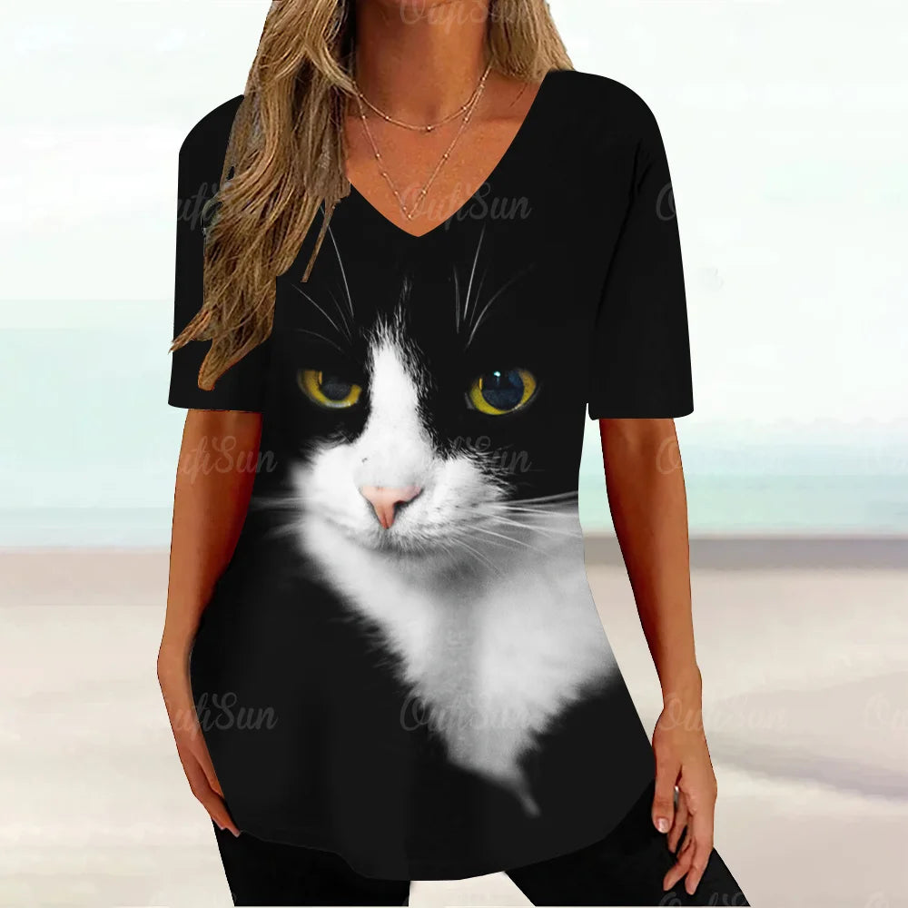 Kawaii Cat Graphic T Shirt For Women Painting Print Harajuku Short Sleeve Tops Summer V-Neck Pullover Female Loose Clothing Tees