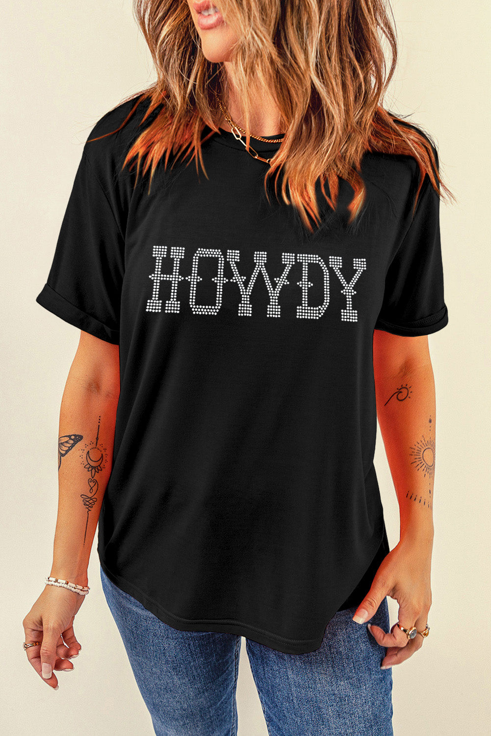 Black Rhinestone HOWDY Graphic Slim Fit Crew Neck T Shirt