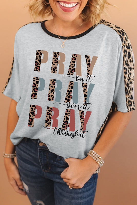 PRAY Slogan Contrast Leopard Graphic Dolman Sleeve Loose T Shirt