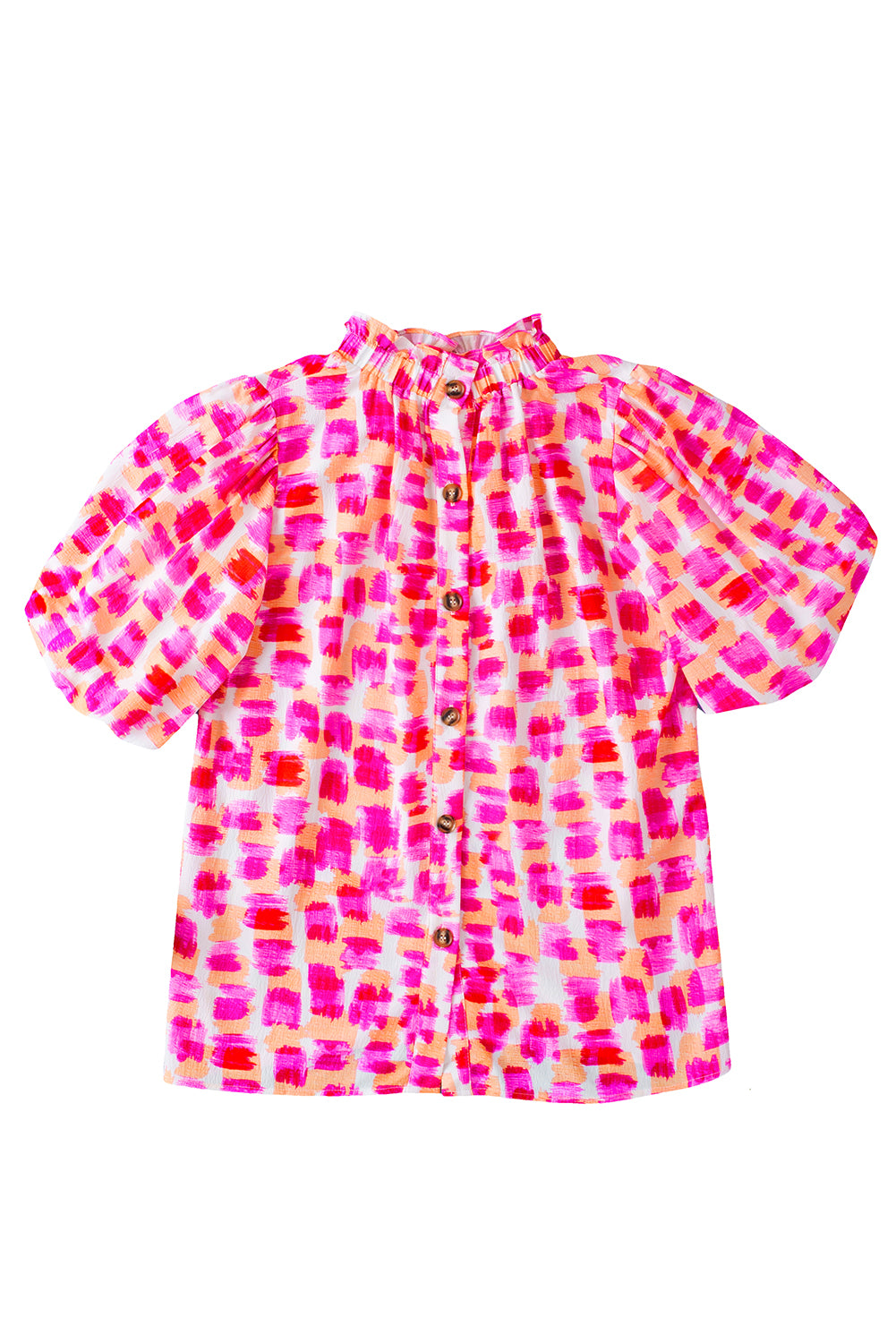 Pink Abstract Print Button Back Frill Neck Blouse