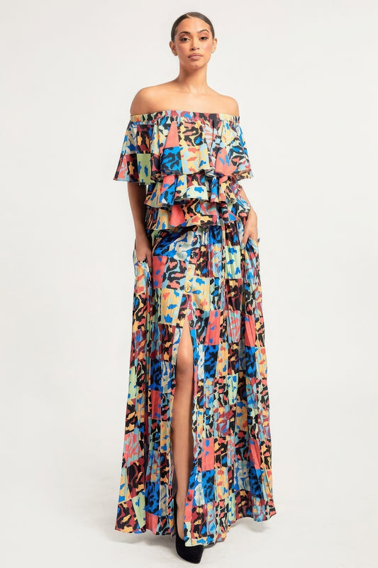 Printed Ruffle Top And Pleated Skirt Set