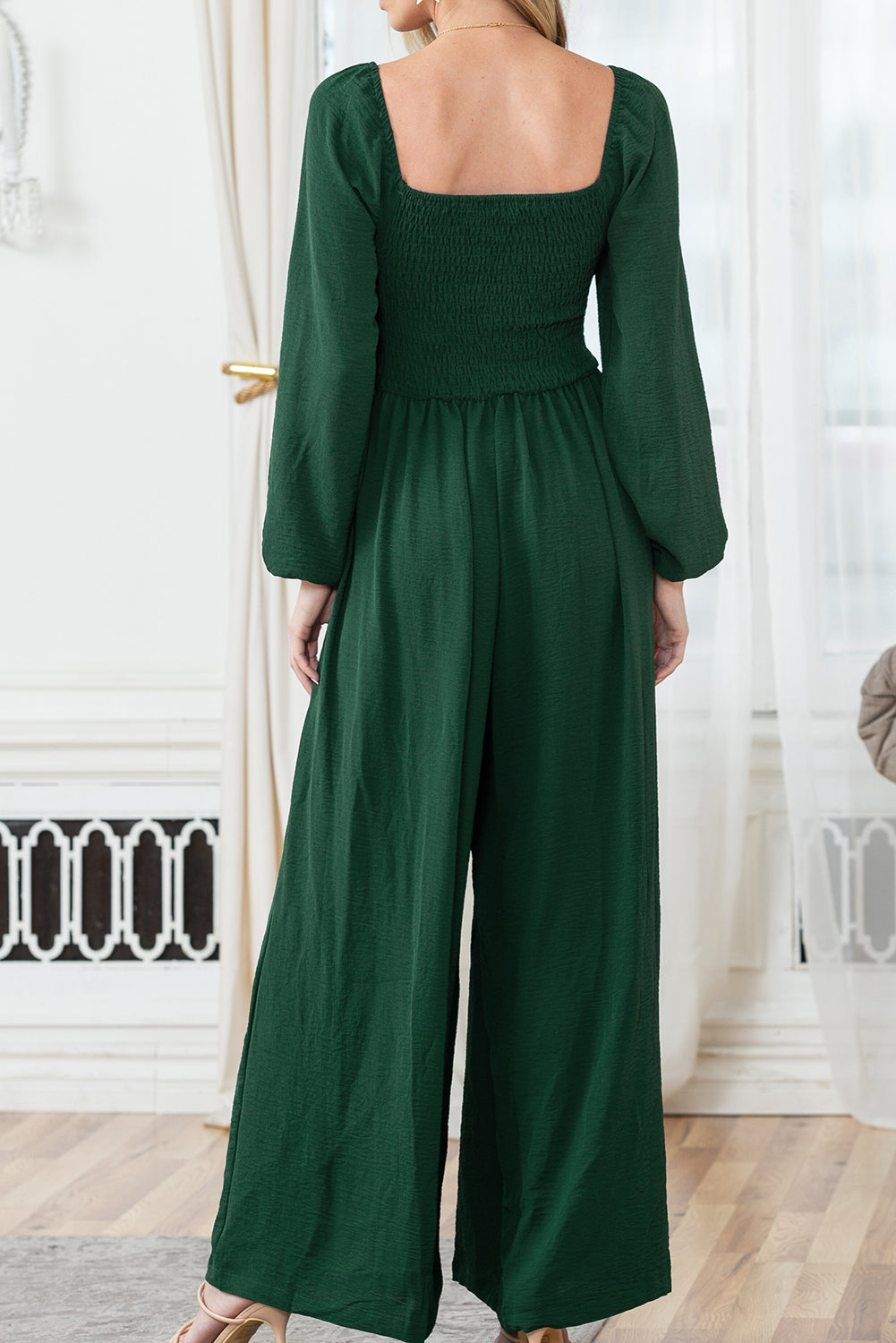 Smocked Square Neck Long Sleeve Wide Leg Jumpsuit