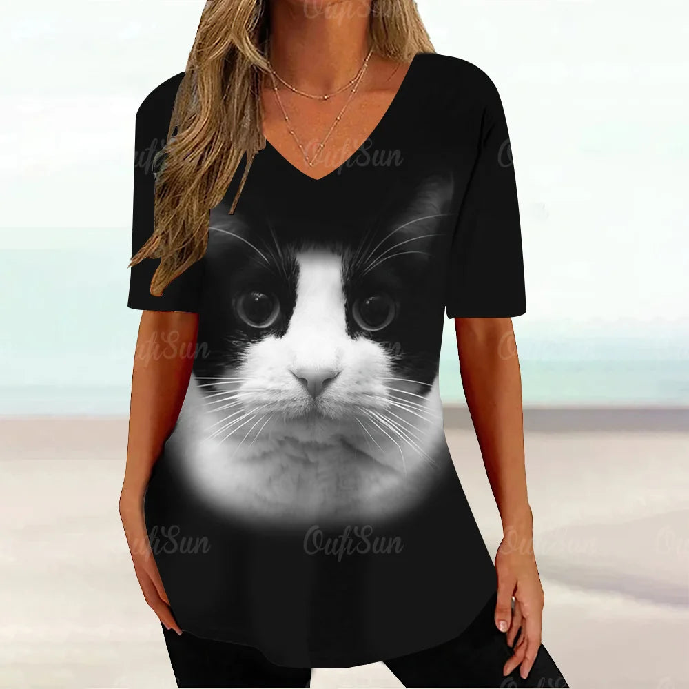 Kawaii Cat Graphic T Shirt For Women Painting Print Harajuku Short Sleeve Tops Summer V-Neck Pullover Female Loose Clothing Tees