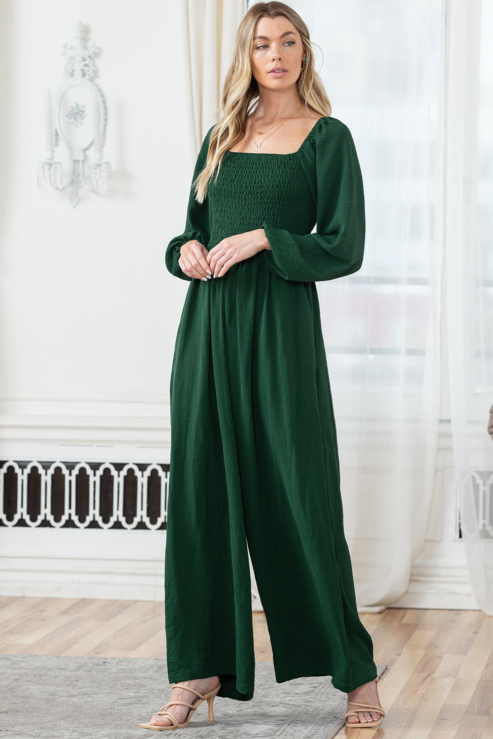 Smocked Square Neck Long Sleeve Wide Leg Jumpsuit