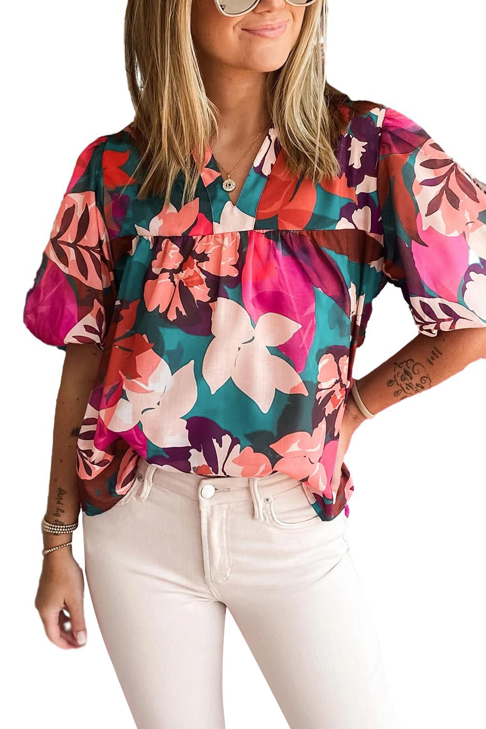 V Neck Lantern Sleeve Blouse