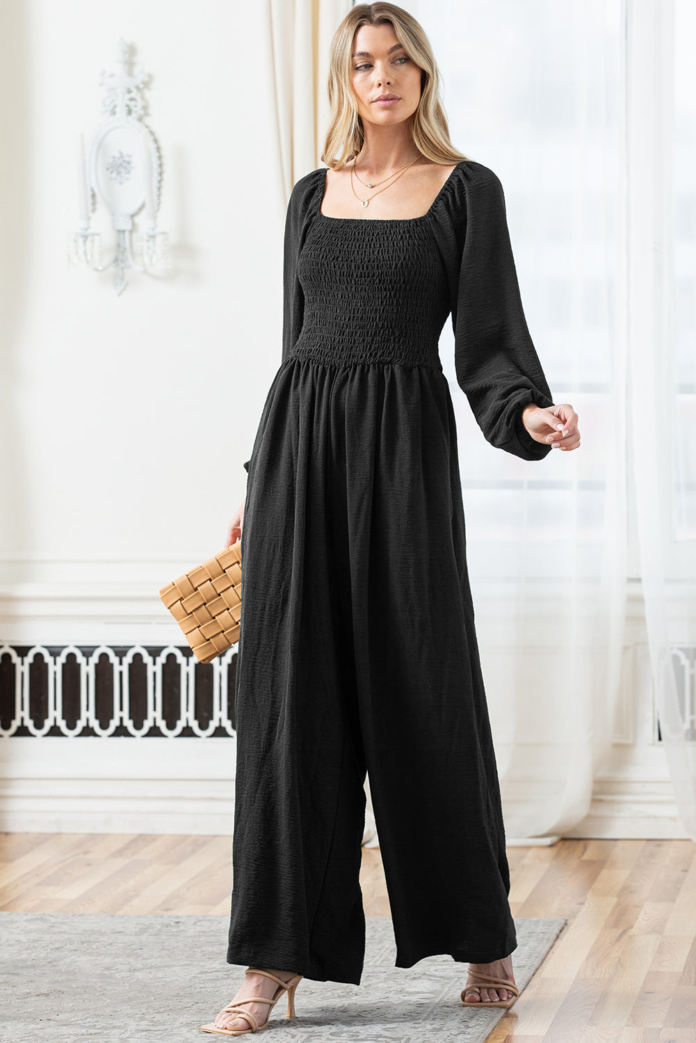 Smocked Square Neck Long Sleeve Wide Leg Jumpsuit