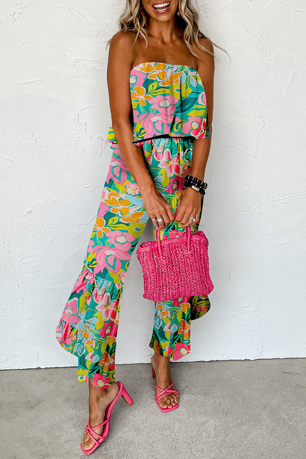 Tropical Print Strapless Ruffle Jumpsuit