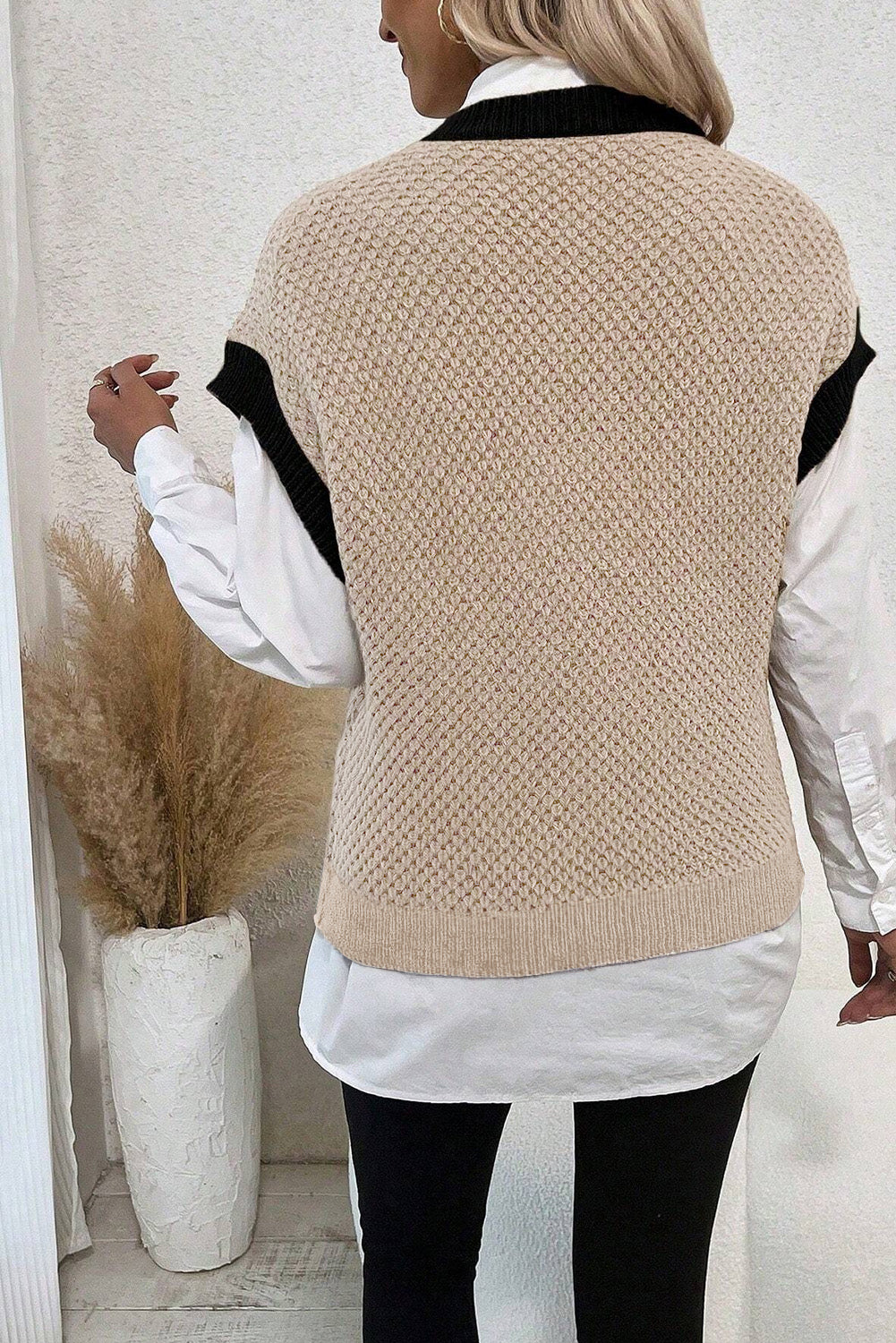 Light Beige Contrast Trim Batwing Sleeve Knitted Top