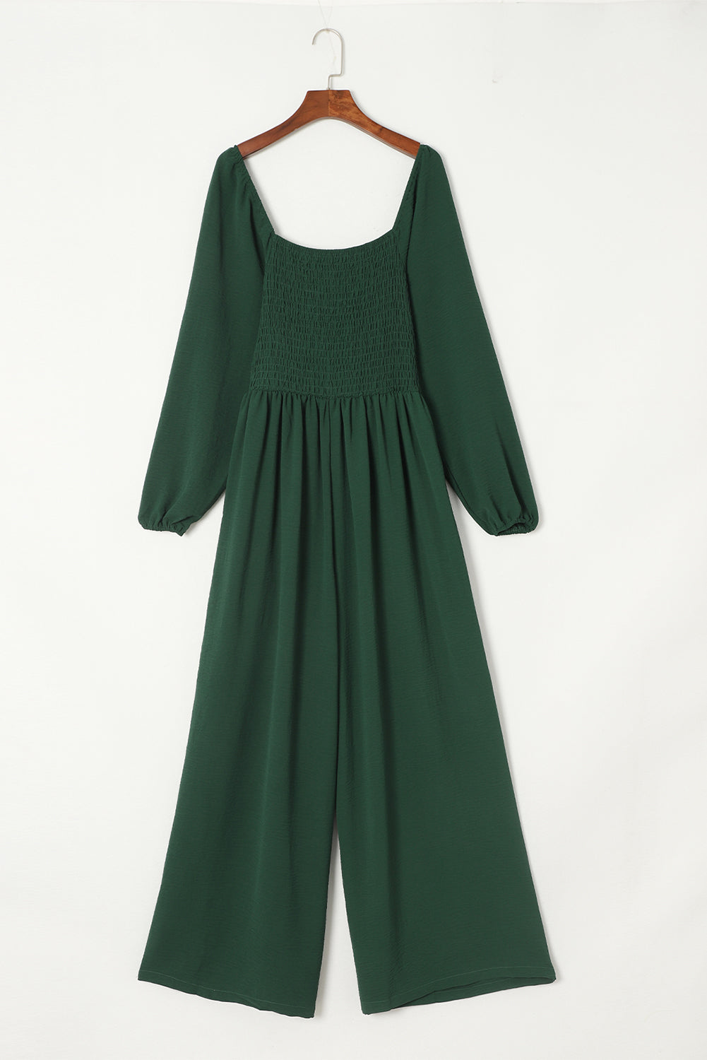 Smocked Square Neck Long Sleeve Wide Leg Jumpsuit