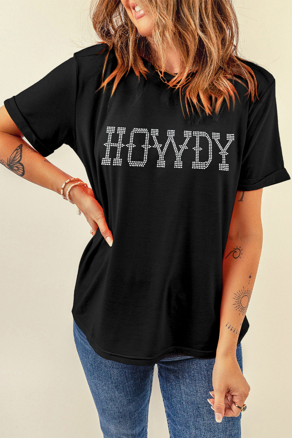 Black Rhinestone HOWDY Graphic Slim Fit Crew Neck T Shirt