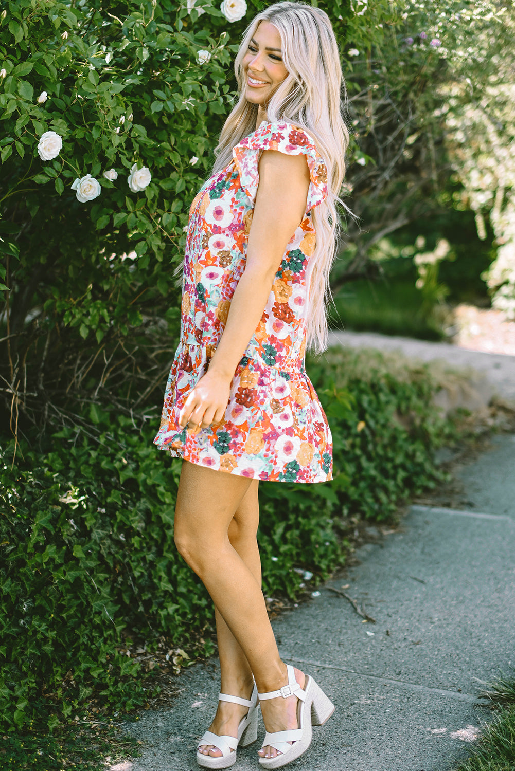 Purple Floral Print Split Neck Ruffle Mini Dress