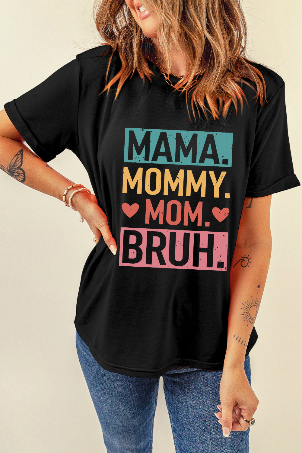 Black MAMA MOMMY MOM BRUH Letter Graphic Tee