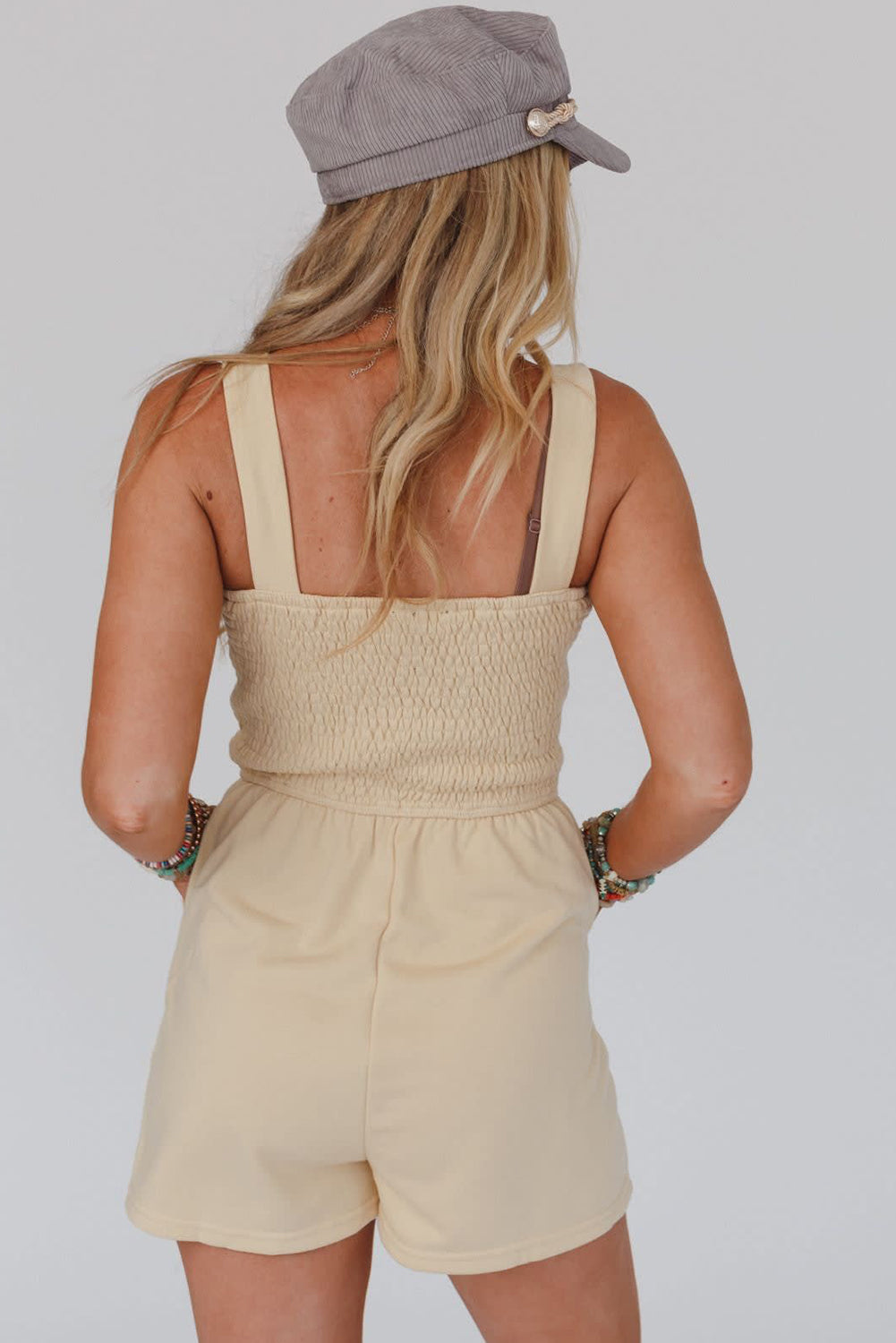 Beige Solid Color Buttons Smocked Sleeveless Romper