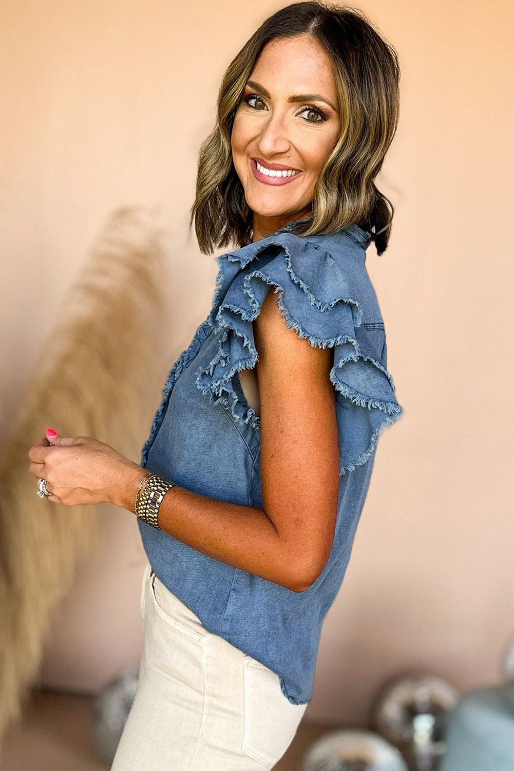 Totally Feeling Blue Ruffled Flutter Frayed Denim Top