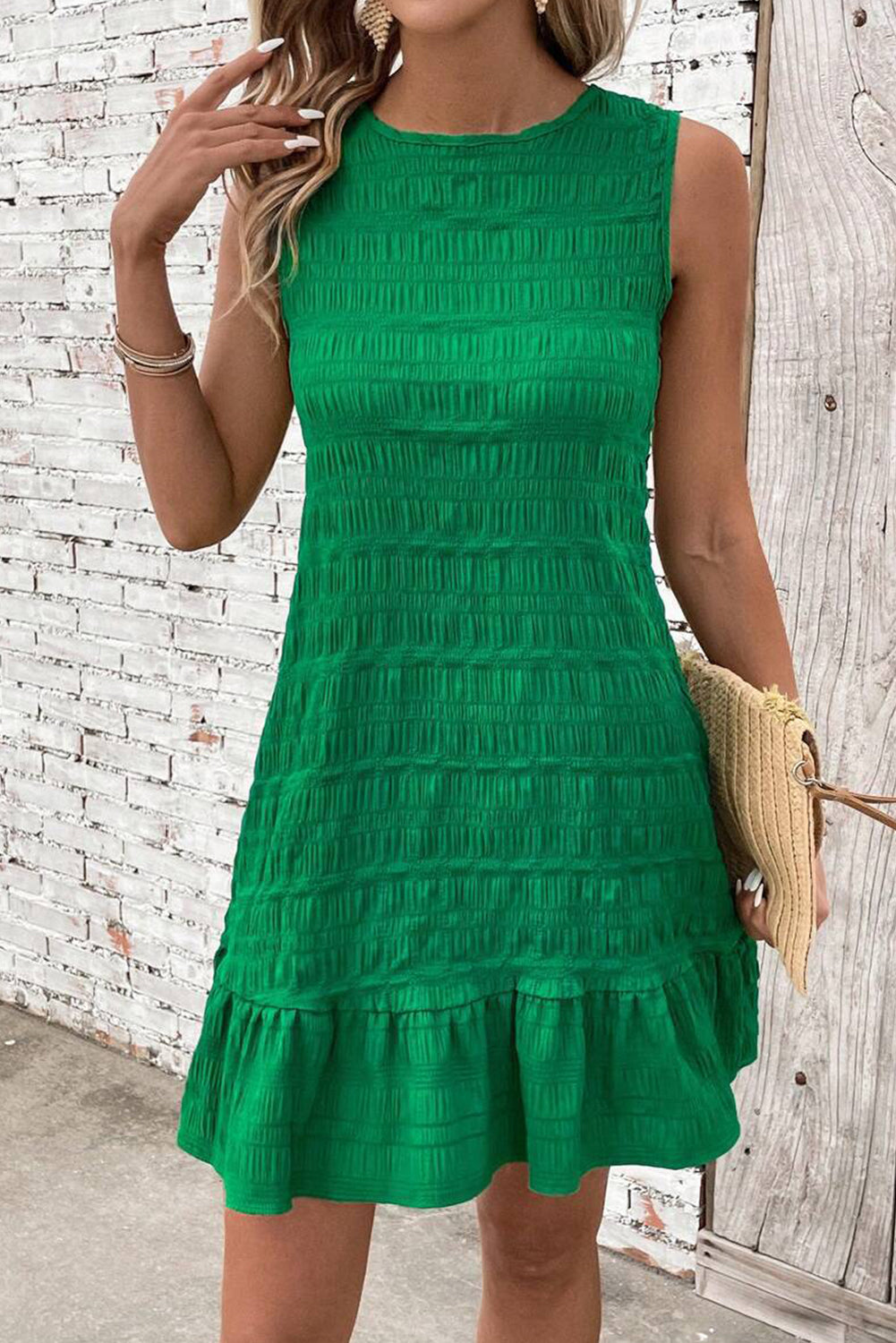 Bright Green Back Lace Up Ruffle Hem Sleeveless Short Dress