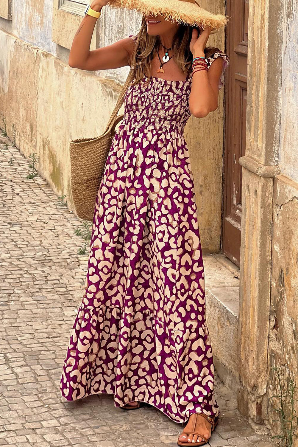 Pink Leopard Ruffle Straps Smocked High Waist Maxi Dress