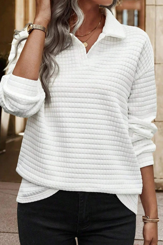 White Waffle Textured Shirtcolla Long Sleeve Top