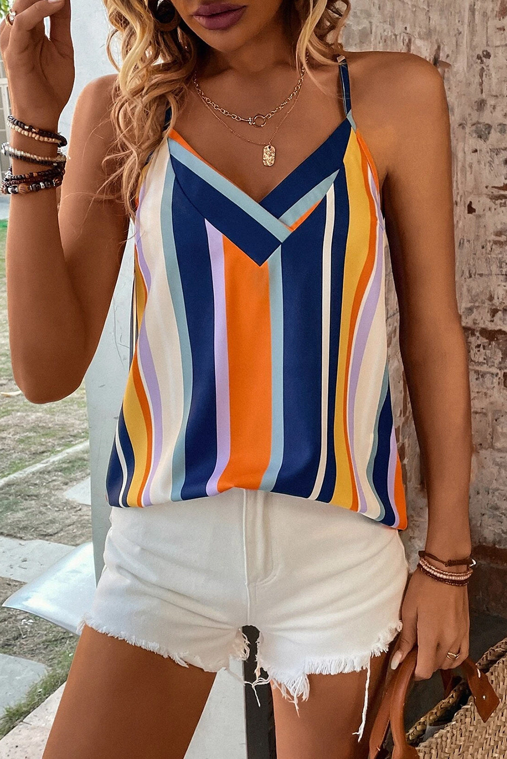 Multicolor Striped Crisscross Strap Cami Top