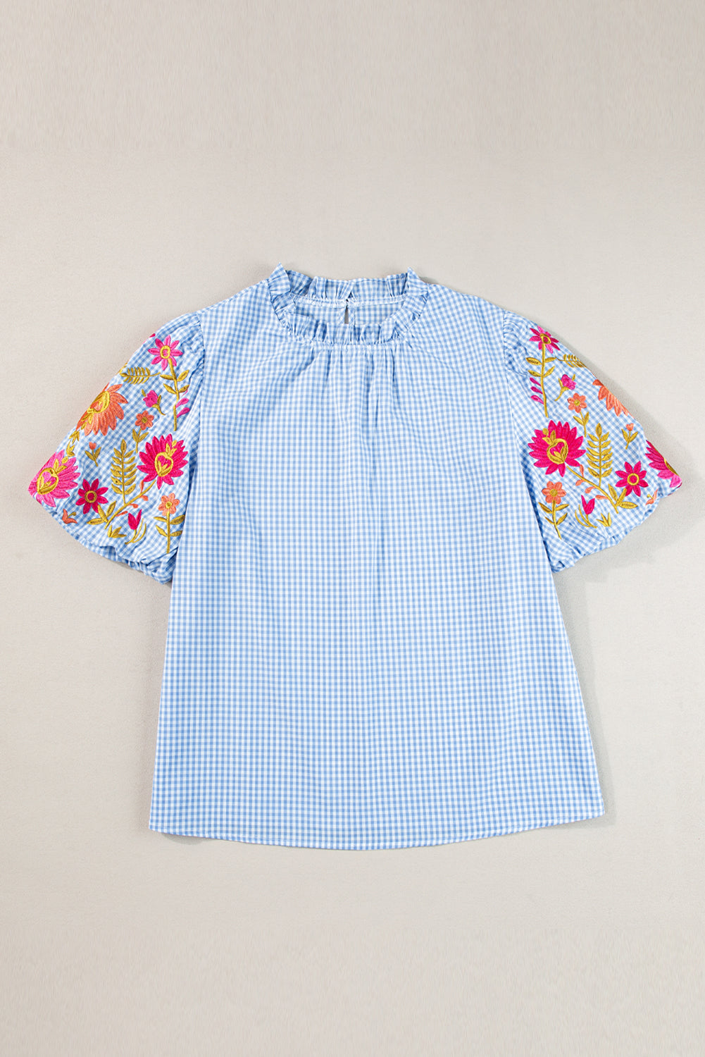 Innocence Delight Flower Embroidered Puff Sleeve Gingham Blouse
