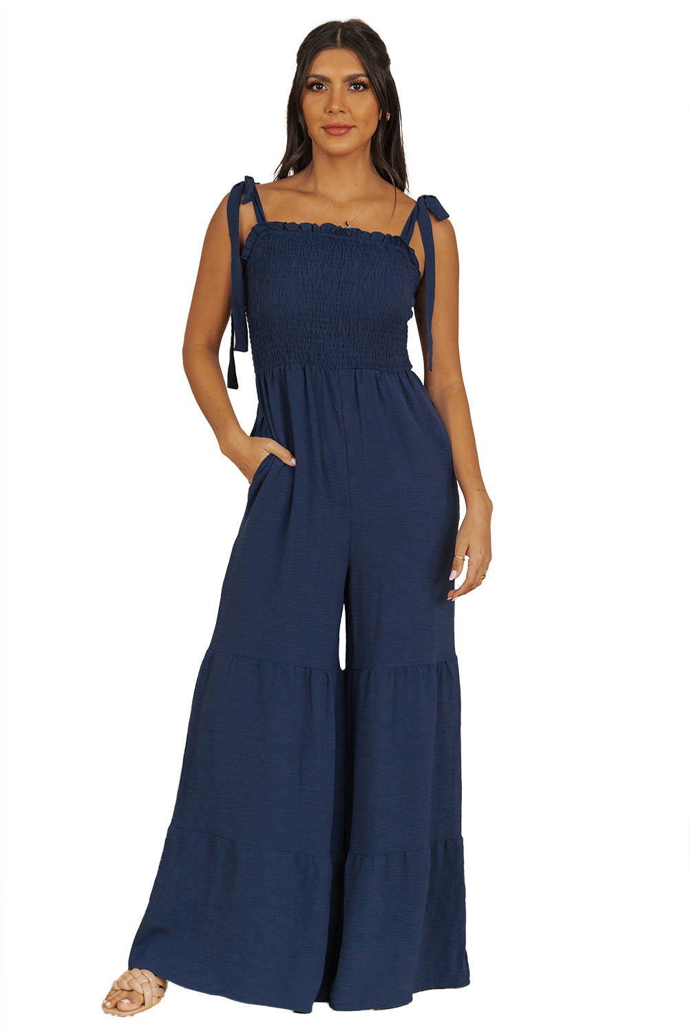 Green Tie Straps Shirred Casual Tiered Wide Leg Jumpsuit