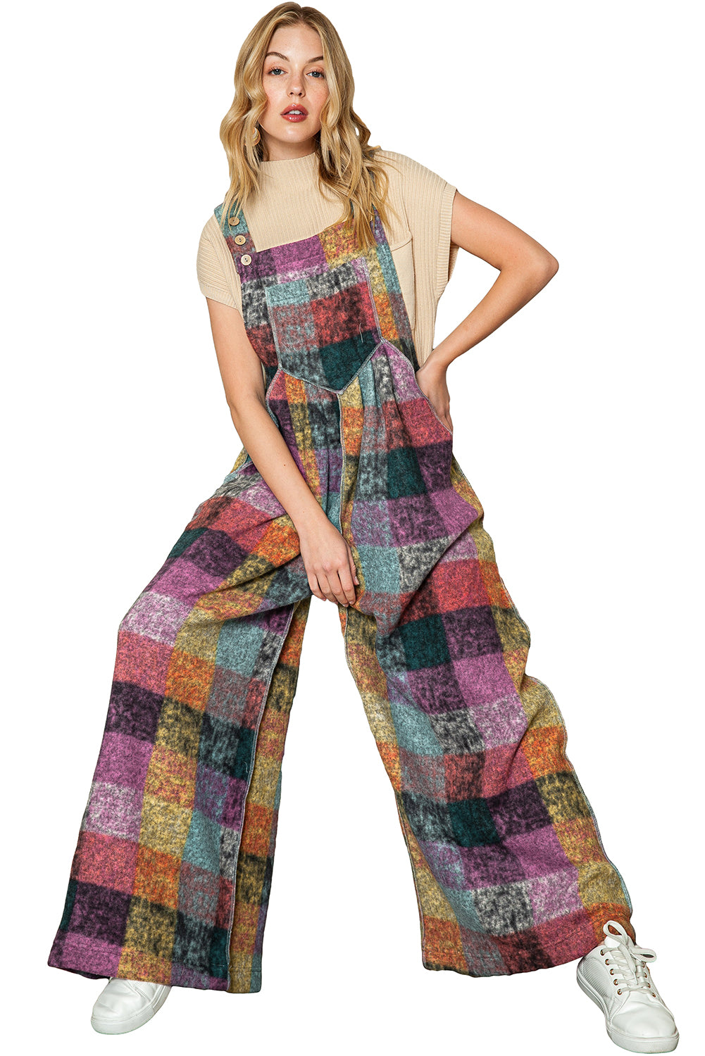 Multicolor Brushed Checked Pockets Pleated Wide Leg Overall