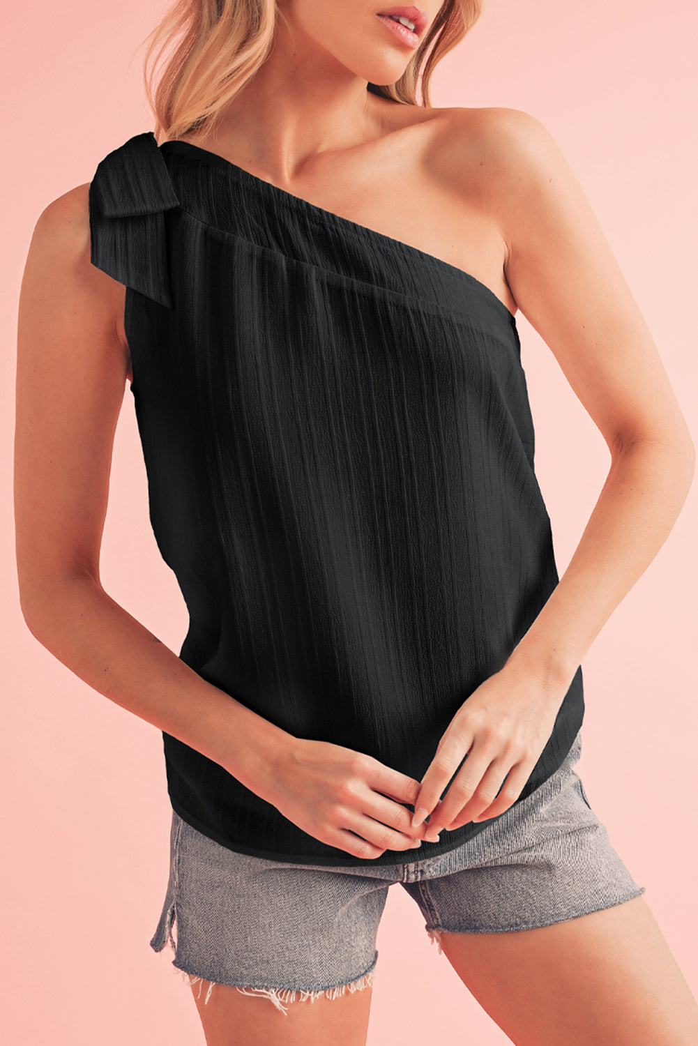 Black Solid Color Asymmetrical Knot Textured Sleeveless Shirt