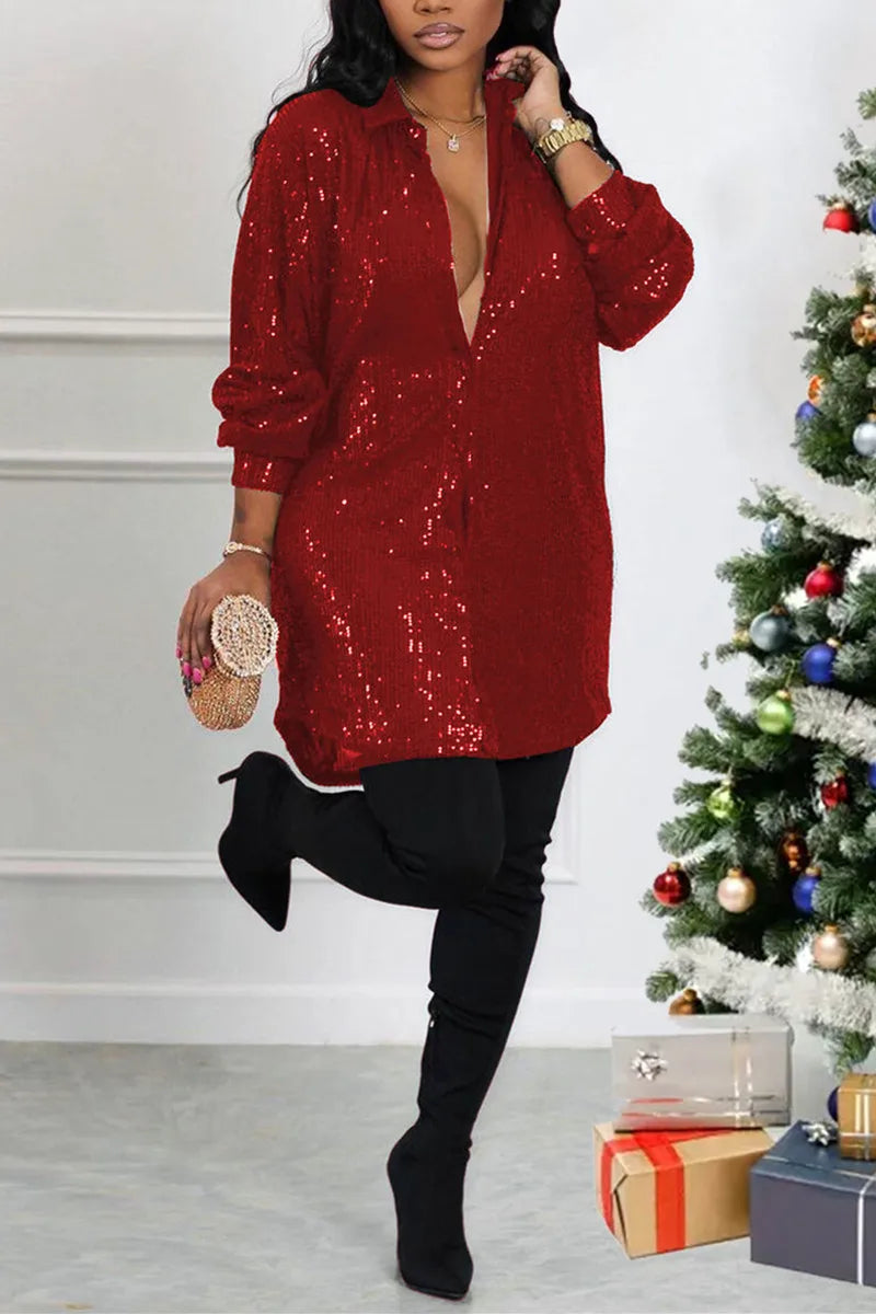 Plus Size Casual Black Sequin V Neck Long Sleeve Shirts