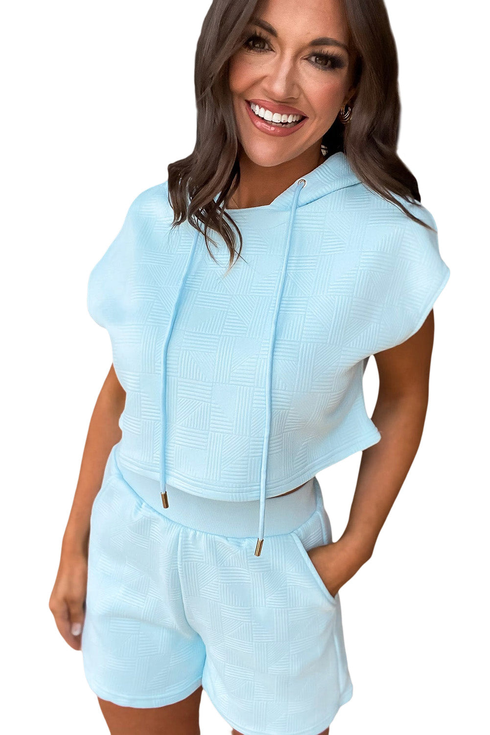 Beau Blue Textured Cropped Drawstring Hoodie and Shorts Set