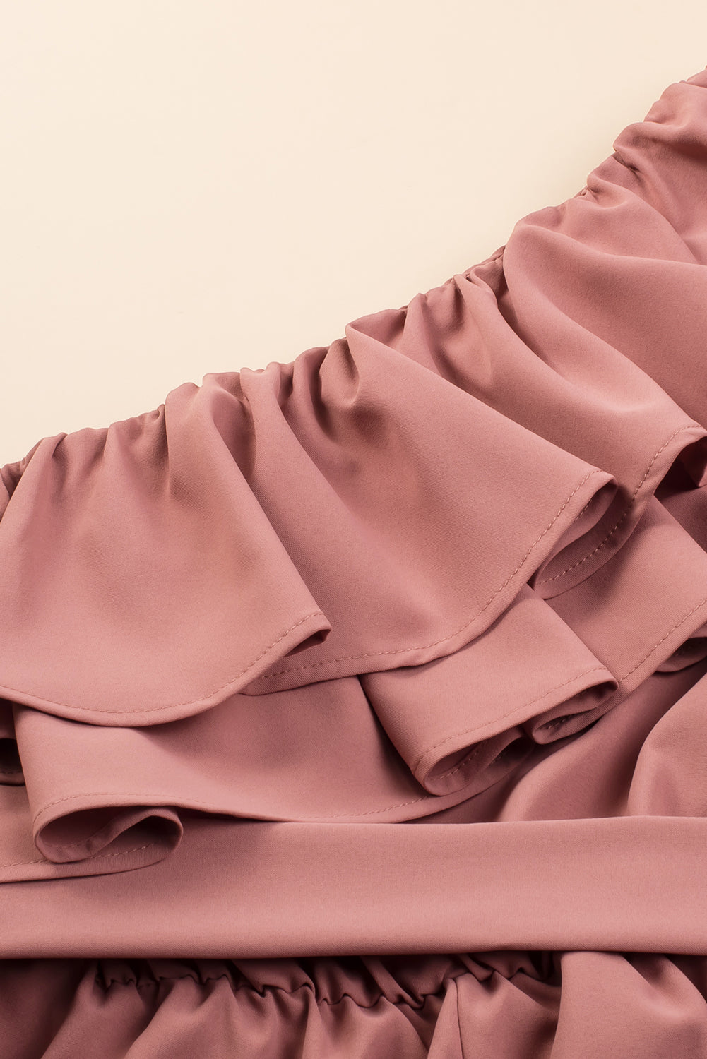 Dusty Pink Asymmetric Shoulder Ruffle Trim Belted Jumpsuit