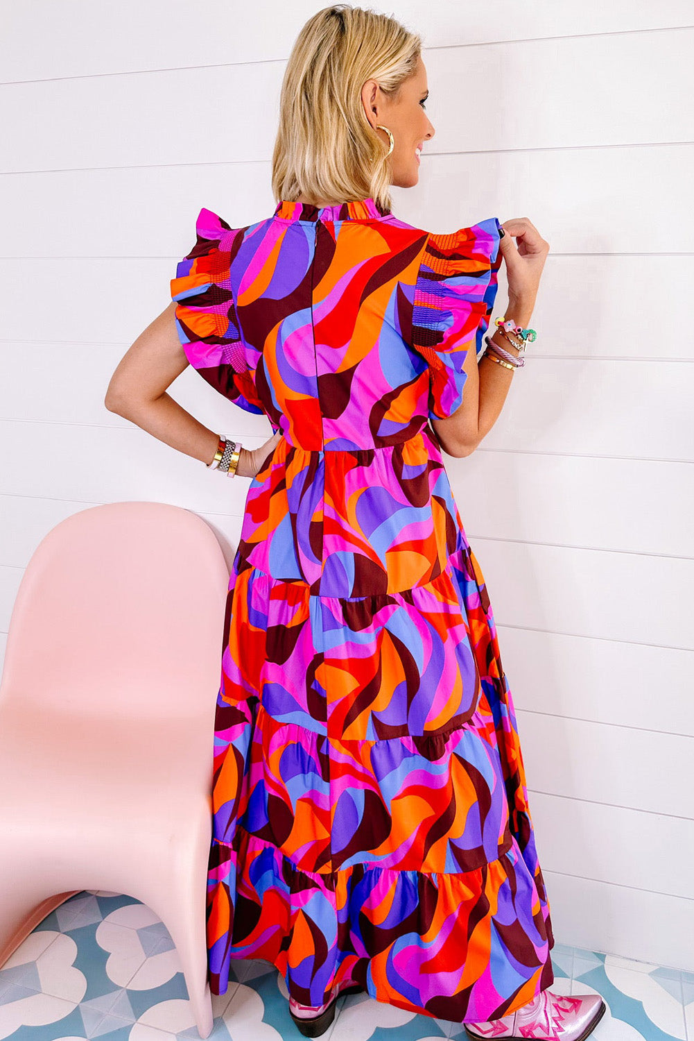 Multicolour Plus Abstract Print Frill Mock Neck Tiered Maxi Dress