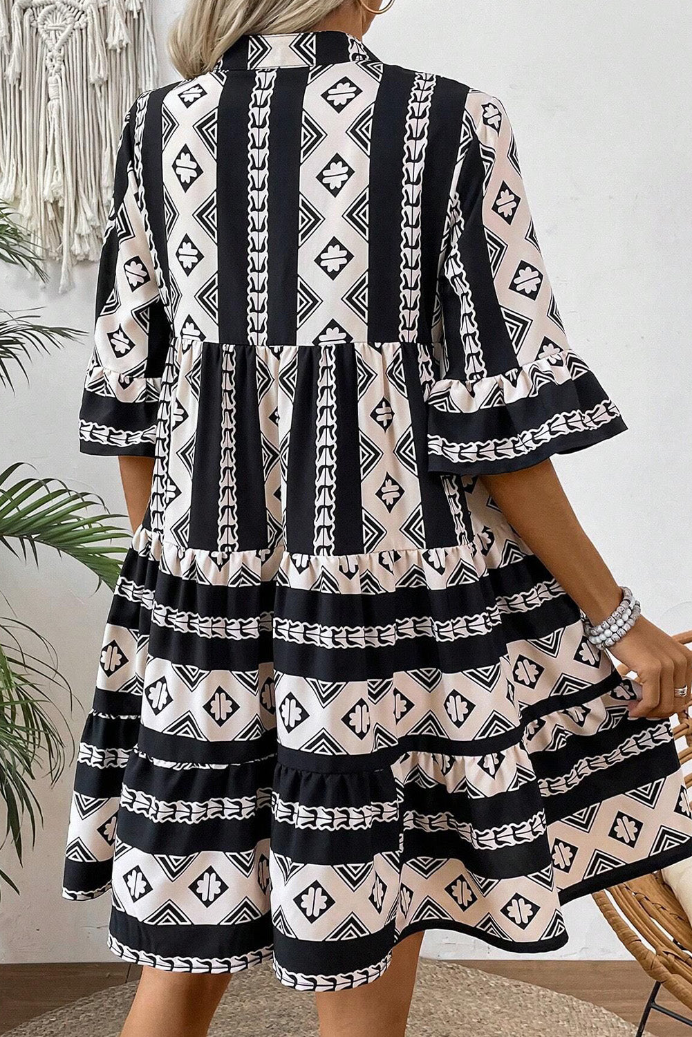 Blue Abstract Print Bell Sleeve V Neck Boho Tiered Dress