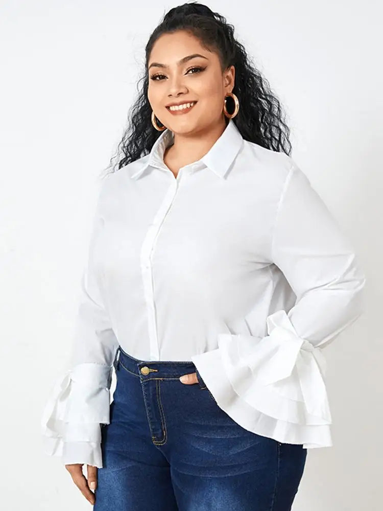 Plus Size 5XL VONDA Shirts White Blouse Women Autumn Long Flare Sleeve Tops Tunic Casual Solid Buttons Blusas Femininas