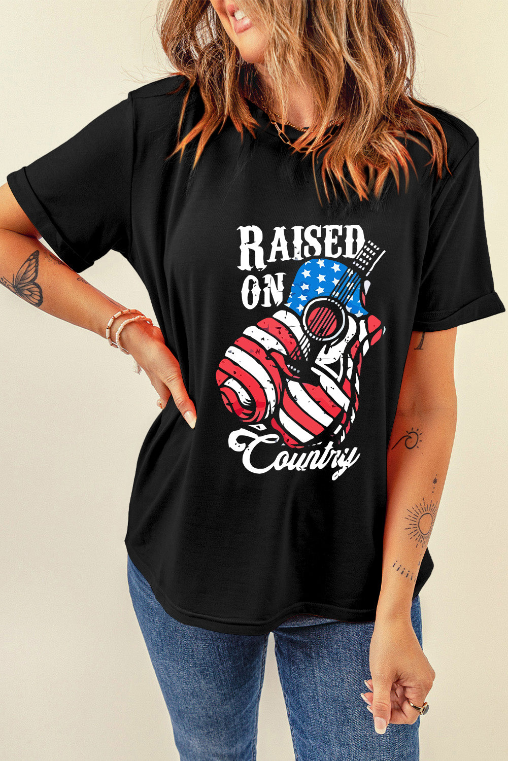 Raised On Country USA Flag Guitar Graphic Tee